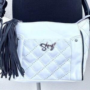 SHARIF crossbody purse white quilted black shoulder bag leather tassel pockets